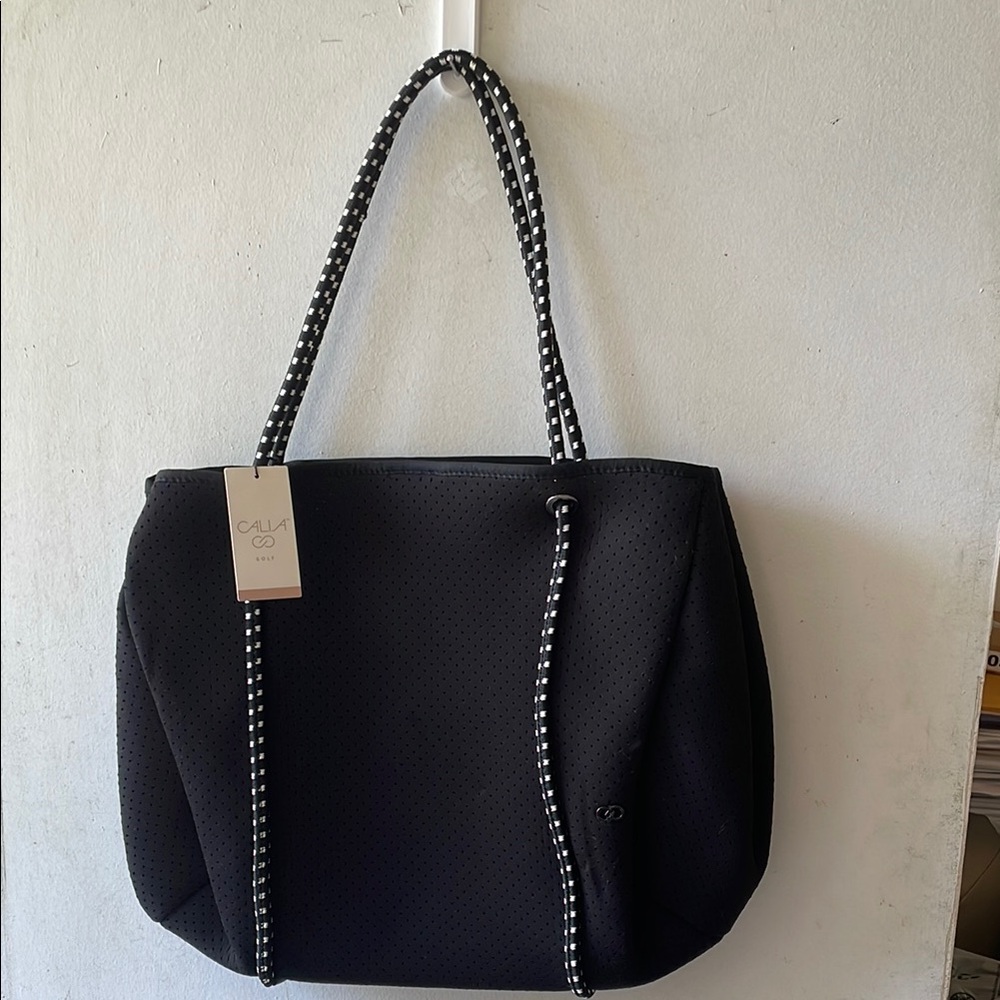 Black Neoprene Tote with Checkered Straps